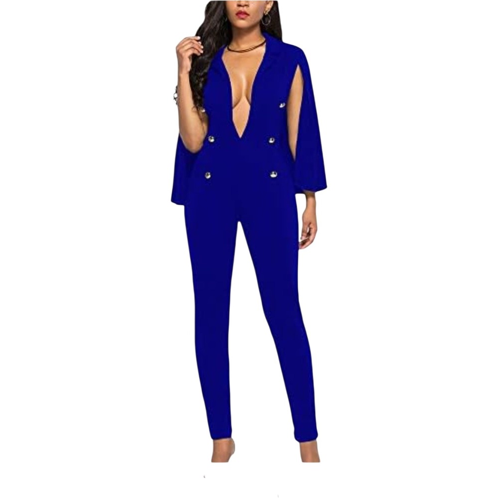 Jumpsuit Womens Large Navy Blue New Floral Wide Leg V-Neck Sleeveless